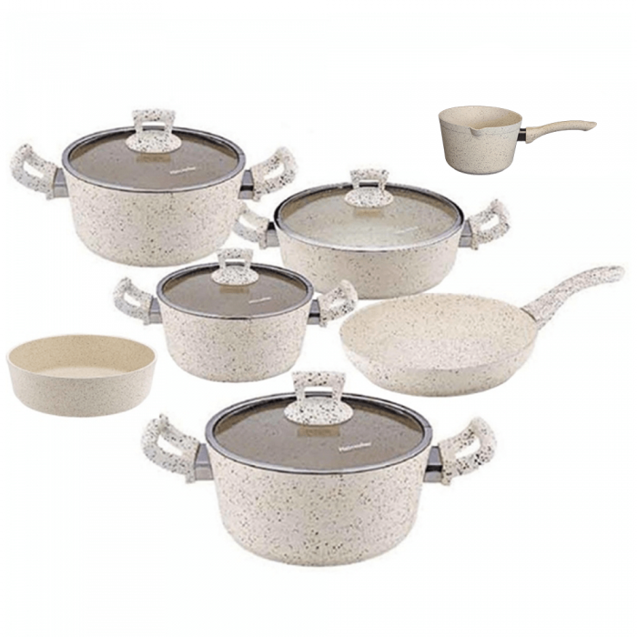 Set de gatit 11 piese Hascevher Germanitium 3 oale 3l, 4l si 4,9l cu capac, cratita 3,9l cu capac, tigaie 22cm, tava rotunda 30cm granit-crem, ibric