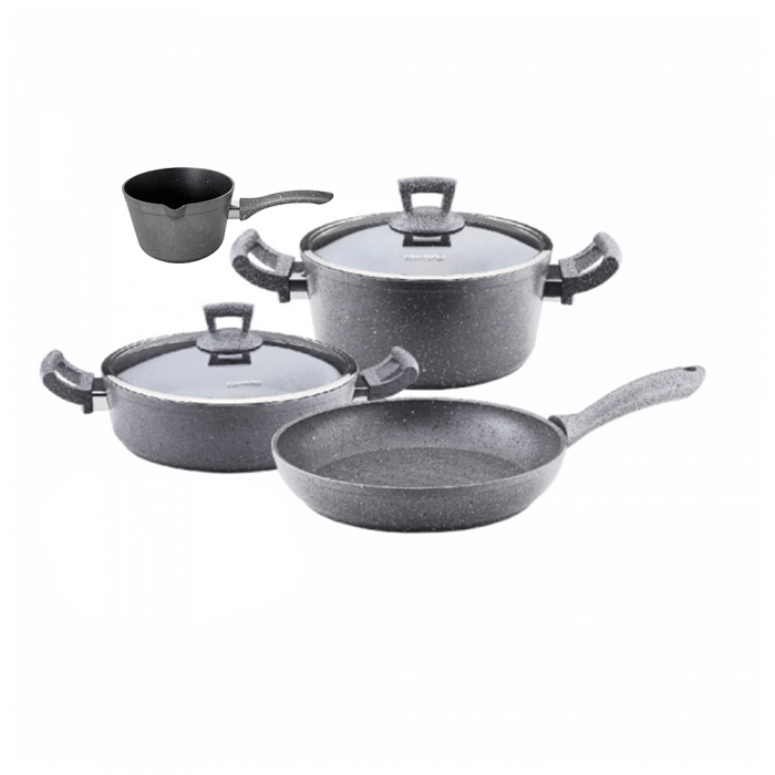 Set vase de gatit 6 piese Hascevher Germanitium oala 3l cu capac, cratita 3,9l cu capac, tigaie 22cm granit-gri, ibric