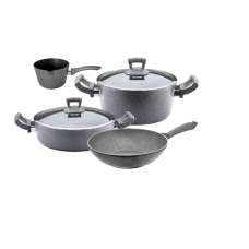 Set vase de gatit 6 piese Hascevher Germanitium oala 3l cu capac, cratita 3,9l cu capac, tigaie wok 28cm granit-gri, ibric