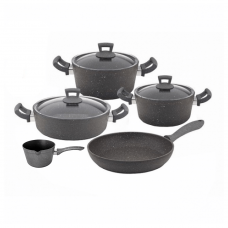 Set vase de gatit 8 piese Hascevher Germanitium 2 oale 3l si 4,9l cu capac, cratita 3,9l cu capac, tigaie 22cm granit-gri, ibric