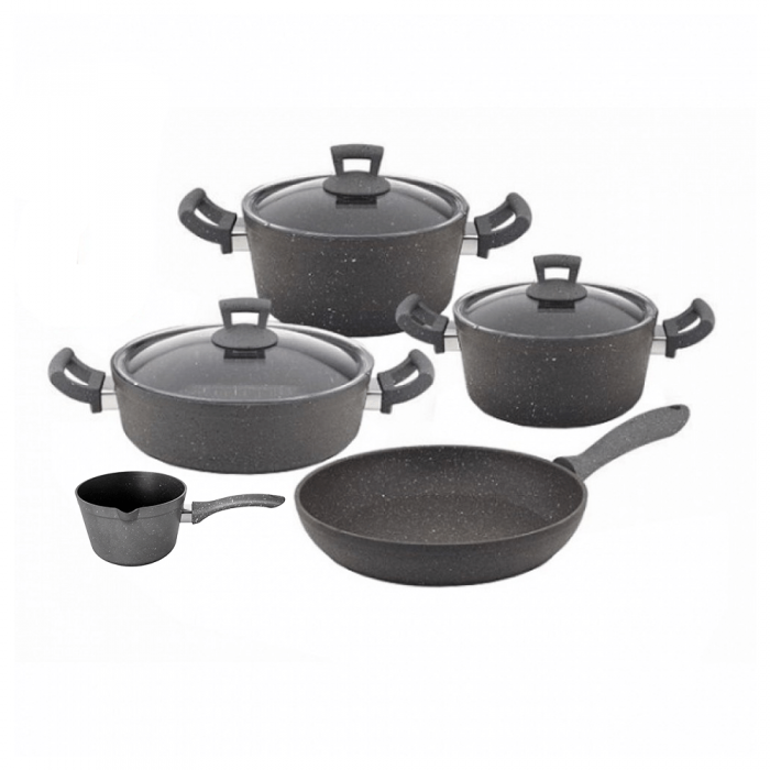 Set vase de gatit 8 piese Hascevher Germanitium 2 oale 3l si 4,9l cu capac, cratita 3,9l cu capac, tigaie 22cm granit-gri, ibric