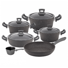 Set vase de gatit 10 piese Hascevher Germanitium 3 oale 3l, 4l si 4,9l cu capac, cratita 3,9l cu capac, tigaie 22cm granit-gri, ibric