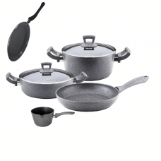 Set vase de gatit 7 piese Hascevher Germanitium oala 3l cu capac, cratita 3,9l cu capac, tigaie 22cm, tigaie clatite 26cm granit-gri, ibric