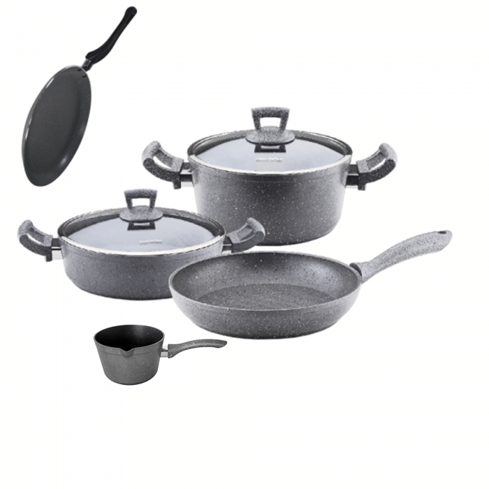 Set vase de gatit 7 piese Hascevher Germanitium oala 3l cu capac, cratita 3,9l cu capac, tigaie 22cm, tigaie clatite 26cm granit-gri, ibric