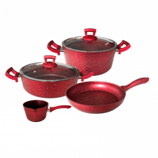 Set oale si tigai granit 6 piese Hascevher Germanitium oala 3l cu capac, cratita 3,9l cu capac, tigaie 22cm granit-red, ibric