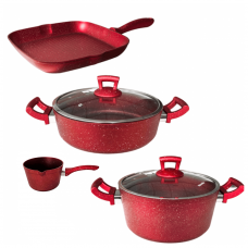 Set oale si tigai granit 6 piese Hascevher Germanitium oala 3l cu capac, cratita 3,9l cu capac, tigaie grill 28cm granit-red, ibric