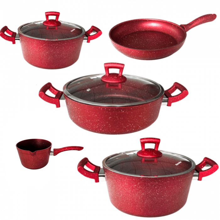 Set oale si tigai granit 8 piese Hascevher Germanitium 2 oale 3l si 4,9l cu capac, cratita 3,9l cu capac, tigaie 22cm granit-red, ibric