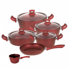 Set oale si tigai granit 10 piese Hascevher Germanitium 3 oale 3l, 4l si 4,9l cu capac, cratita 3,9l cu capac, tigaie 22cm granit-red, ibric
