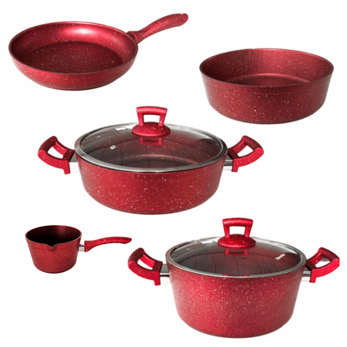 Set oale si tigai granit 7 piese Hascevher Germanitium oala 3l cu capac, cratita 3,9l cu capac, tigaie 22cm, tava rotunda 30cm granit-red, ibric