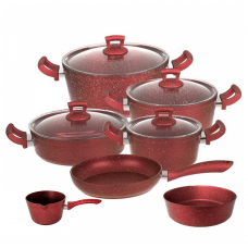 Set oale si tigai granit 11 piese Hascevher Germanitium 3 oale 3l, 4l si 4,9l cu capac, cratita 3,9l cu capac, tigaie 22cm, tava rotunda 30cm granit-red, ibric