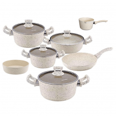 Set vase de gatit granit 11 piese Hascevher Germanitium 4 oale 3l, 4l, 4,9l si 5,8l cu capac, tigaie 22cm, tava rotunda 30cm granit-crem, ibric