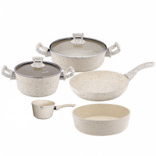 Set vase de gatit granit 7 piese Hascevher Germanitium oala 3l cu capac, cratita 3,9l cu capac, tigaie 22cm, tava cuptor rotunda 30cm granit-crem, ibric