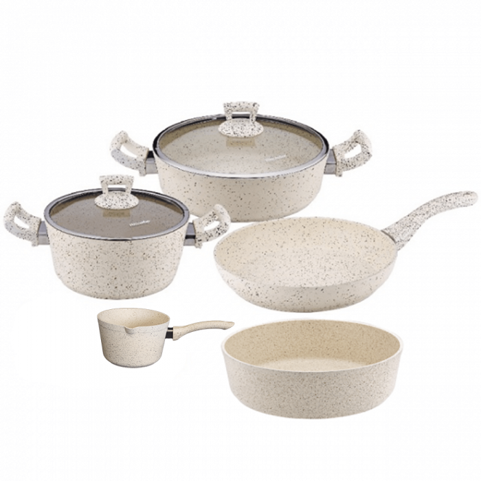 Set vase de gatit granit 7 piese Hascevher Germanitium oala 3l cu capac, cratita 3,9l cu capac, tigaie 22cm, tava cuptor rotunda 30cm granit-crem, ibric