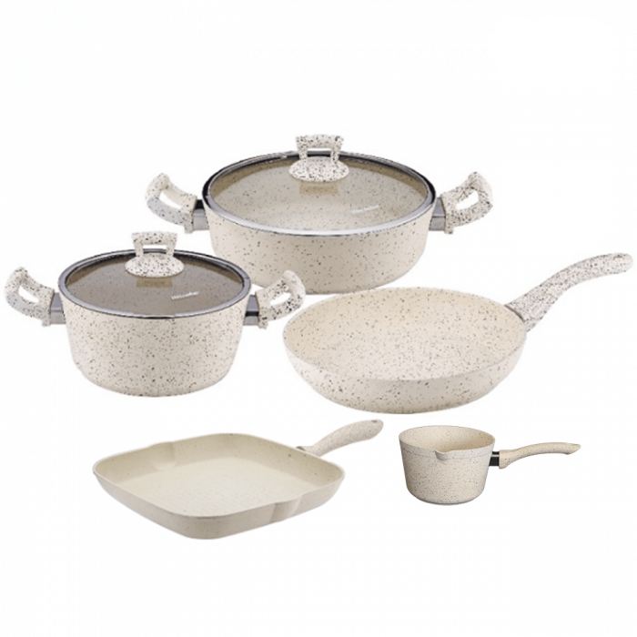 Set vase de gatit granit 7 piese Hascevher Germanitium oala 3l cu capac, cratita 3,9l cu capac, tigaie 22cm, tigaie grill 28cm granit-crem, ibric