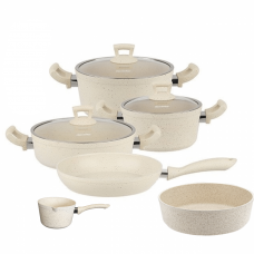 Set vase de gatit granit 9 piese Hascevher Germanitium 2 oale 3l si 4,9l cu capac, cratita 3,9l cu capac, tigaie 22cm, tava cuptor rotunda 30cm granit-crem, ibric
