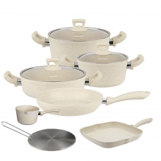 Set vase de gatit granit 10 piese Hascevher Germanitium 2 oale 3l si 4,9l cu capac, cratita 3,9l cu capac, tigaie 22cm, tigaie grill 28cm granit-crem, adaptor plita inductie, ibric