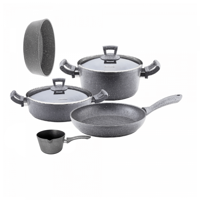 Set oale si tigai granit 7 piese Hascevher Germanitium oala 3l cu capac, cratita 3,9l cu capac, tigaie 22cm, tava copt 30cm granit-gri, ibric