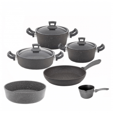 Set oale si tigai granit 9 piese Hascevher Germanitium 2 oale 3l si 4,9l cu capac, cratita 3,9l cu capac, tigaie 22cm, tava cuptor 30cm granit-gri, ibric