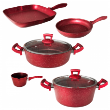 Set de gatit oale si tigai granit 7 piese Hascevher Germanitium oala 3l cu capac, cratita 3,9l cu capac, 2 tigai 22cm, tigaie grill 28cm granit-red, ibric