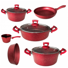 Set de gatit oale si tigai granit 9 piese Hascevher Germanitium 2 oale 3l si 4,9l cu capac, cratita 3,9l cu capac, tigaie 22cm, tava cuptor rotunda 30cm granit-red, ibric