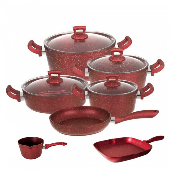 Set de gatit oale si tigai granit 11 piese Hascevher Germanitium 3 oale 3l, 4l si 4,9l cu capac, cratita 3,9l cu capac, tigaie 22cm, tigaie grill 28cm granit-red, ibric
