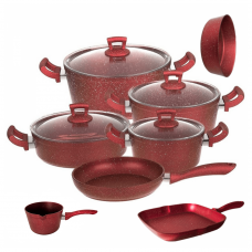 Set de gatit oale si tigai granit 12 piese Hascevher Germanitium 3 oale 3l, 4l si 4,9l cu capac, cratita 3,9l cu capac, tigaie 22cm, tigaie grill 28cm, tava cuptor rotunda 30cm granit-red, ibric