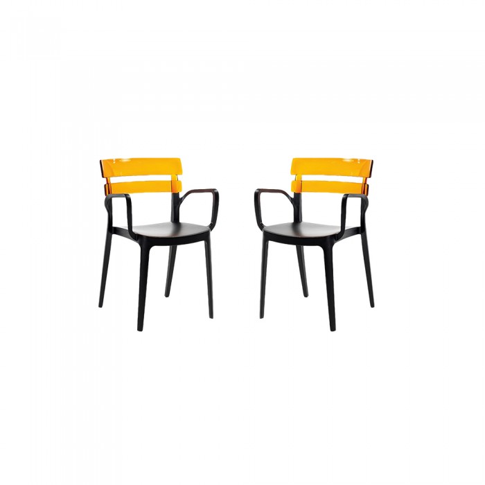 Set 2 scaune restaurant RAKI BELEM BISTRO 54,5x51xh81,6cm, polipropilena cu fibra de sticla, negru cu spatar culoare mustar