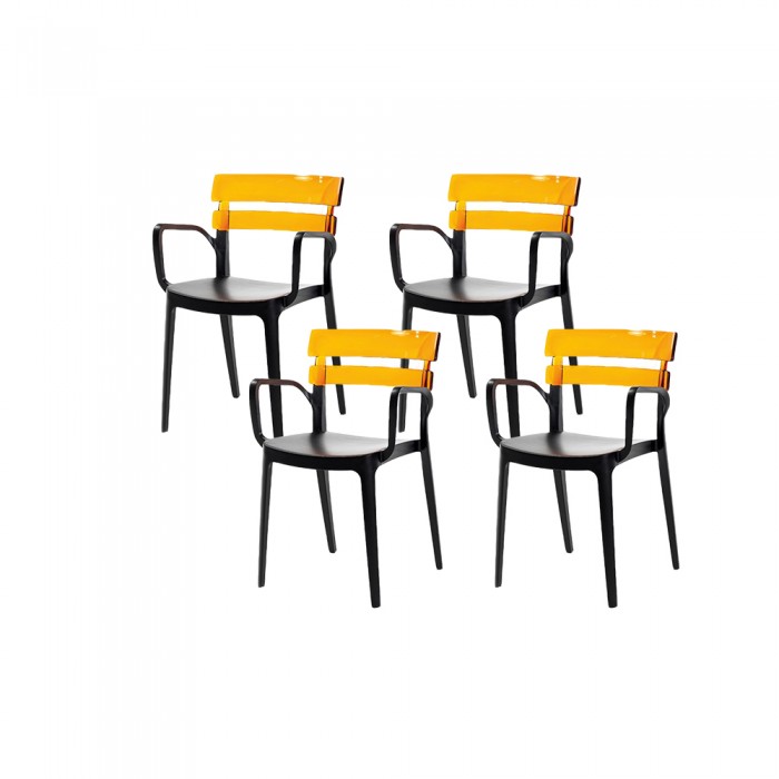 Set 4 scaune restaurant RAKI BELEM BISTRO 54,5x51xh81,6cm, polipropilena cu fibra de sticla, negru cu spatar culoare mustar