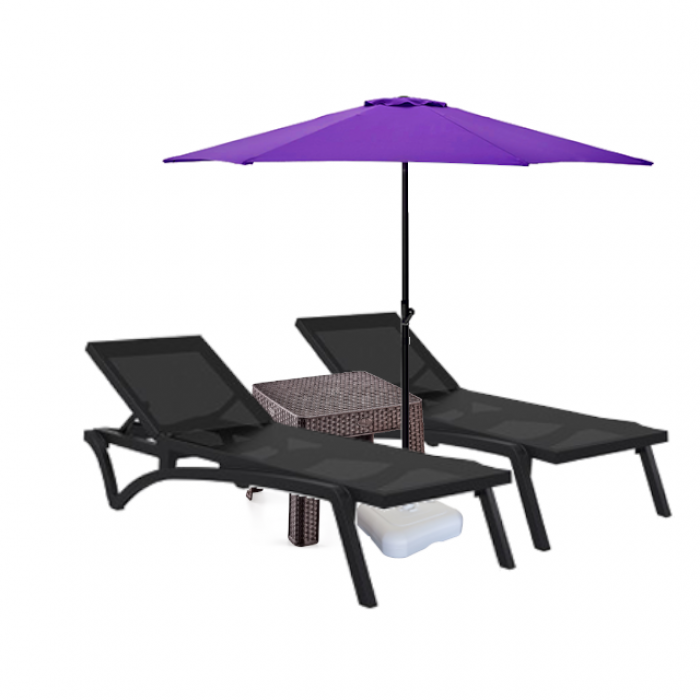 Set 2 sezlonguri CULINARO PACIFIC culoare neagra + masa cafea + umbrela 250cm mov cu suport
