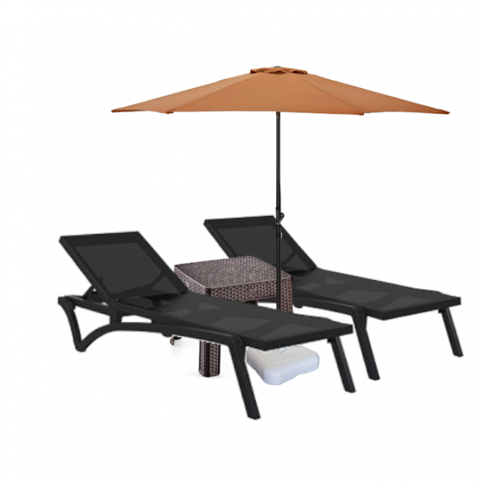 Set 2 sezlonguri CULINARO PACIFIC culoare neagra + masa cafea + umbrela 250cm orange cu suport