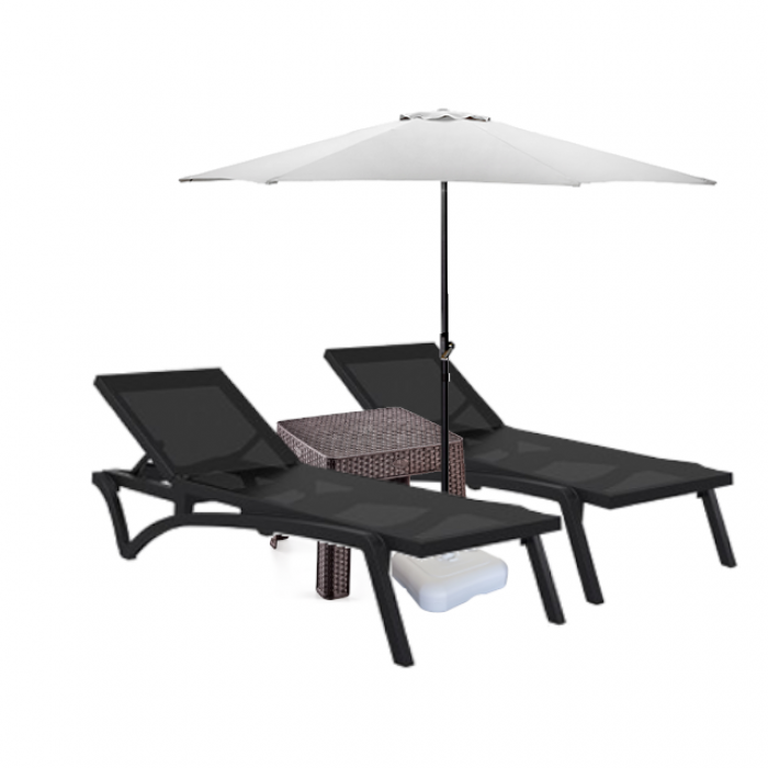 Set 2 sezlonguri CULINARO PACIFIC culoare neagra + masa cafea + umbrela 270cm alba cu suport