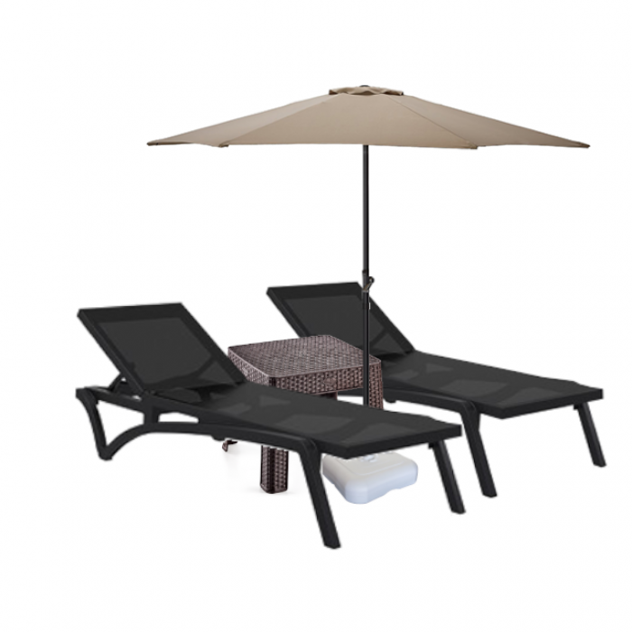 Set 2 sezlonguri CULINARO PACIFIC culoare neagra + masa cafea + umbrela 270cm cu suport