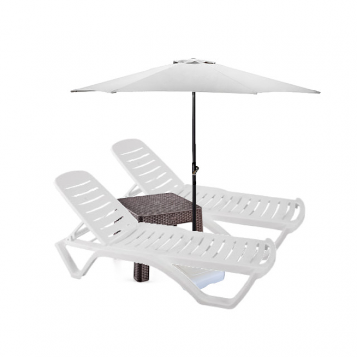 Set 2 sezlonguri CULINARO AQUA 200x72xH30,5cm culoare alba + masa maro 44x44xh41cm + umbrela 250cm alba