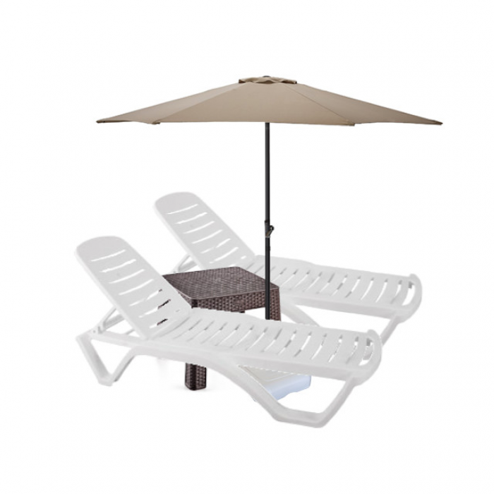 Set 2 sezlonguri CULINARO AQUA 200x72xH30,5cm culoare alba + masa cafea 44x44xh41cm + umbrela 270cm bej