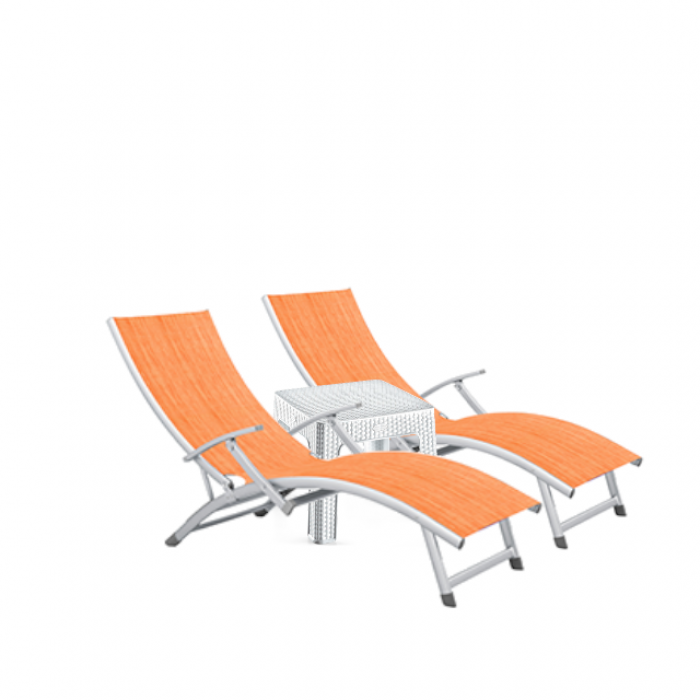 Set 2 sezlonguri cu brate CULINARO cadru aluminiu 170x52cm culoare orange + masa alba