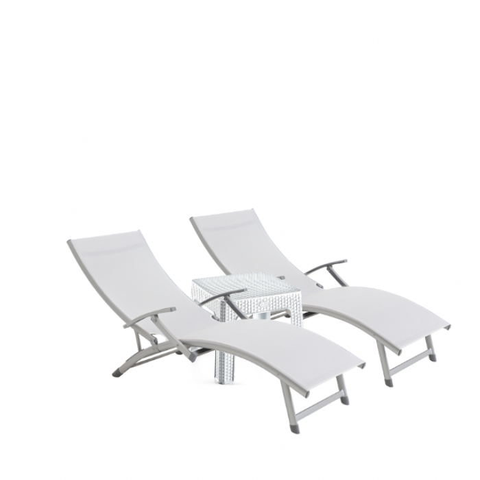 Set 2 sezlonguri cu brate CULINARO cadru aluminiu 170x52cm culoare bej + masa alba