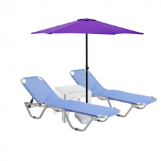 Set 2 sezlonguri CULINARO 5 pozitii, albastre 195x61x80cm + masa 44x44xh41cm + umbrela 250cm mov 