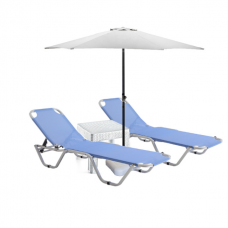 Set 2 sezlonguri CULINARO 5 pozitii, albastre 195x61x80cm + masa + umbrela 270cm alba
