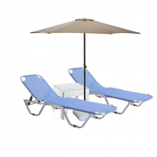 Set 2 sezlonguri CULINARO 5 pozitii, albastre 195x61x80cm + masa + umbrela 270cm bej 