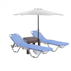 Set 2 sezlonguri CULINARO 5 pozitii, albastre 195x61x80cm + masa maro 44x44xh41cm + umbrela 250cm alba 