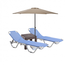 Set 2 sezlonguri CULINARO 5 pozitii, albastre 195x61x80cm + masa maro 44x44xh41cm + umbrela 270cm bej 