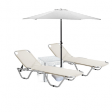 Set 2 sezlonguri CULINARO 5 pozitii bej 195x61x80cm + masa + umbrela 250cm alba