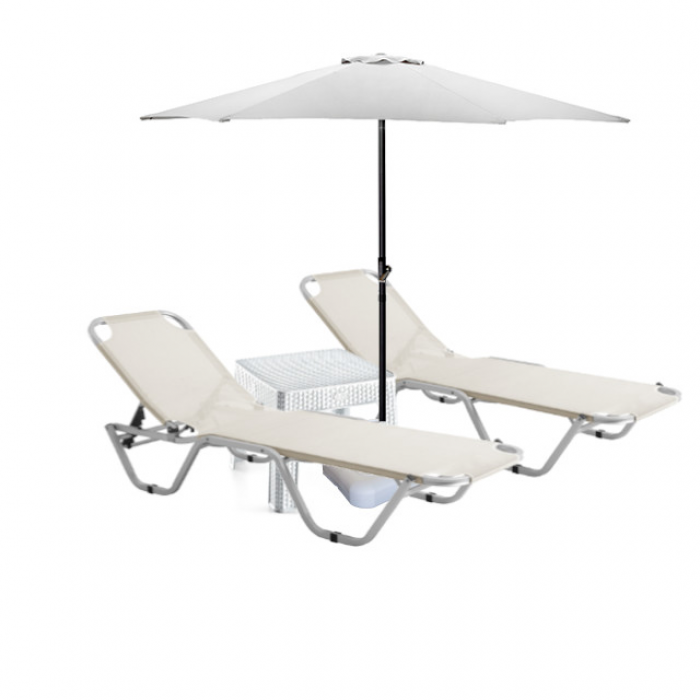 Set 2 sezlonguri CULINARO 5 pozitii bej 195x61x80cm + masa + umbrela 250cm alba