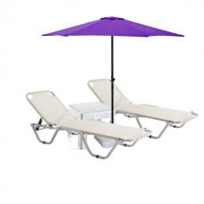 Set 2 sezlonguri CULINARO 5 pozitii bej 195x61x80cm + masa 44x44xh41cm + umbrela 270cm mov