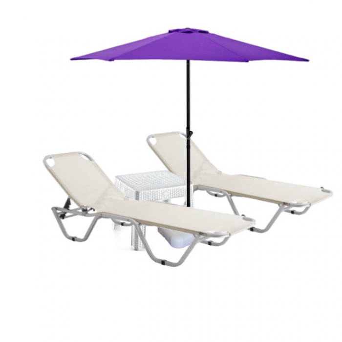 Set 2 sezlonguri CULINARO 5 pozitii bej 195x61x80cm + masa 44x44xh41cm + umbrela 270cm mov