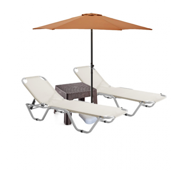 Set 2 sezlonguri CULINARO 5 pozitii bej 195x61x80cm + masa cafea 44x44xh41cm + umbrela 250cm orange