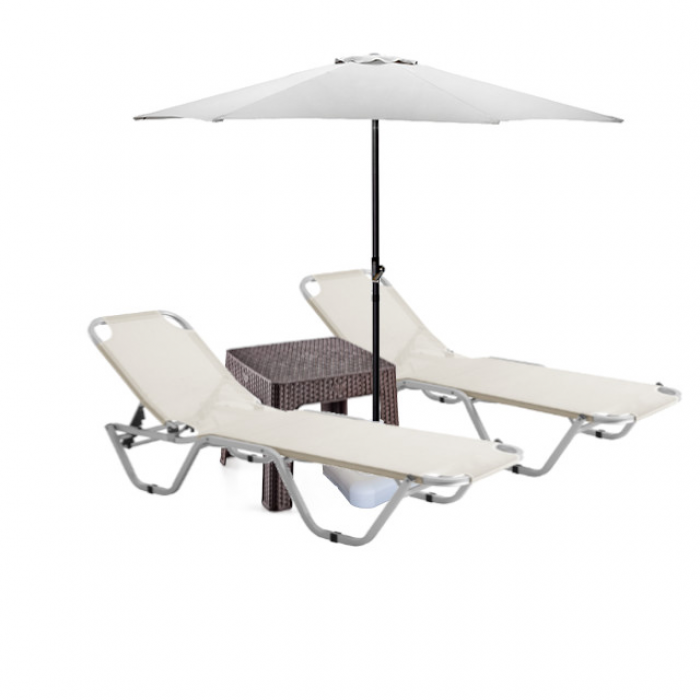 Set 2 sezlonguri CULINARO 5 pozitii bej 195x61x80cm + masa maro 44x44xh41cm + umbrela 270cm alba