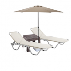 Set 2 sezlonguri CULINARO 5 pozitii bej 195x61x80cm + masa maro 44x44xh41cm + umbrela 270cm bej