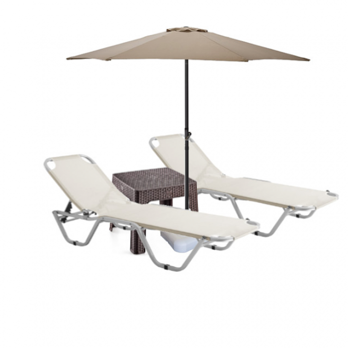 Set 2 sezlonguri CULINARO 5 pozitii bej 195x61x80cm + masa maro 44x44xh41cm + umbrela 270cm bej