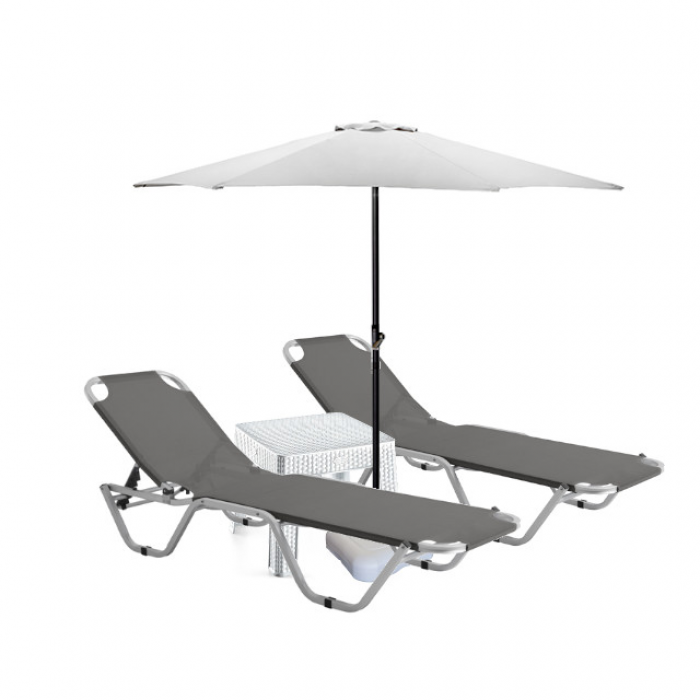 Set 2 sezlonguri CULINARO 5 pozitii gri 195x61x80cm + masa 44x44xh41cm + umbrela 250cm alba